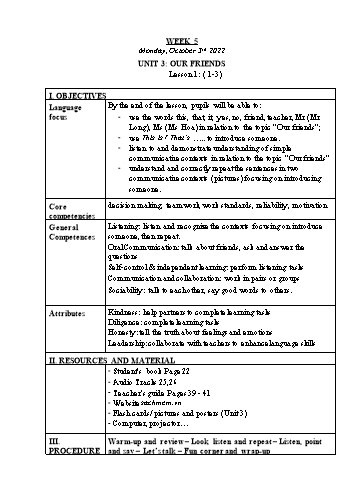 Kế hoạch bài dạy Tiếng Anh Lớp 3 - Tuần 5. Unit 3: Our friends - Năm học 2022-2023 - Trà Thị Anh Tú Kế hoạch bài dạy Tiếng Anh Lớp 3 - Tuần 5. Unit 3: Our friends - Năm học 2022-2023 - Trà Thị Anh Tú