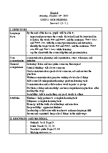 Kế hoạch bài dạy Tiếng Anh Lớp 3 - Tuần 6. Unit 3: Our friends + Unit 4: Our bodies - Năm học 2022-2023 - Trà Thị Anh Tú Kế hoạch bài dạy Tiếng Anh Lớp 3 - Tuần 6. Unit 3: Our friends + Unit 4: Our bodies - Năm học 2022-2023 - Trà Thị Anh Tú