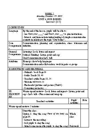 Kế hoạch bài dạy Tiếng Anh Lớp 3 - Tuần 7. Unit 4: Our bodies - Năm học 2022-2023 - Trà Thị Anh Tú