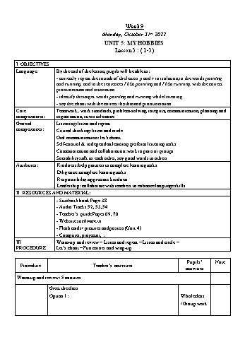 Kế hoạch bài dạy Tiếng Anh Lớp 3 - Tuần 9. Unit 5: My hobbies + Unit 6: Our school - Năm học 2022-2023 - Trà Thị Anh Tú Kế hoạch bài dạy Tiếng Anh Lớp 3 - Tuần 9. Unit 5: My hobbies + Unit 6: Our school - Năm học 2022-2023 - Trà Thị Anh Tú