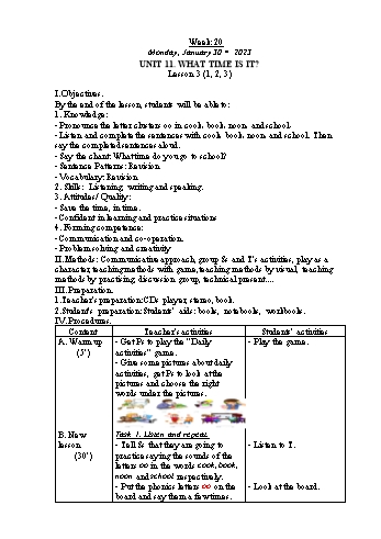 Kế hoạch bài dạy Tiếng Anh Lớp 4 - Tuần 20. Unit 11: What time is it + Unit 12: What does your father do - Năm học 2022-2023 - Trà Thị Anh Tú Kế hoạch bài dạy Tiếng Anh Lớp 4 - Tuần 20. Unit 11: What time is it + Unit 12: What does your father do - Năm học 2022-2023 - Trà Thị Anh Tú