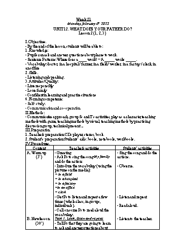 Kế hoạch bài dạy Tiếng Anh Lớp 4 - Tuần 21. Unit 12: What does your father do - Năm học 2022-2023 - Trà Thị Anh Tú Kế hoạch bài dạy Tiếng Anh Lớp 4 - Tuần 21. Unit 12: What does your father do - Năm học 2022-2023 - Trà Thị Anh Tú