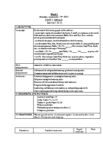 Kế hoạch bài dạy Tiếng Anh Lớp 4 - Tuần 3. Unit 1: Hello + Unit 2: Our names - Năm học 2022-2023 - Trà Thị Anh Tú Kế hoạch bài dạy Tiếng Anh Lớp 4 - Tuần 3. Unit 1: Hello + Unit 2: Our names - Năm học 2022-2023 - Trà Thị Anh Tú