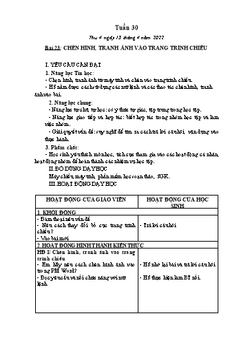 Kế hoạch bài dạy Tin học Lớp 3 - Tuần 30. Bài 23: Chèn hình, tranh ảnh vào trang trình chiếu - Năm học 2022-2023 - Trần Thị Nhật Lê