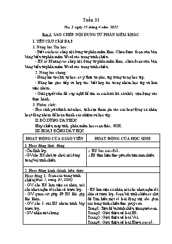 Kế hoạch bài dạy Tin học Lớp 4 - Tuần 31. Bài 3: Sao chép nội dung từ phần mềm khác - Năm học 2022-2023 - Trần Thị Nhật Lê
